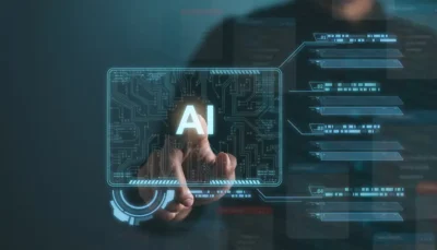 una mano clicca il la scritta AI posta in mezzo a grafici analitici