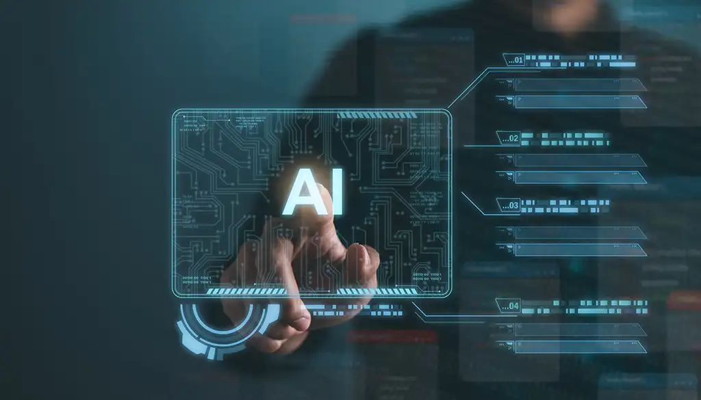 una mano clicca il la scritta AI posta in mezzo a grafici analitici