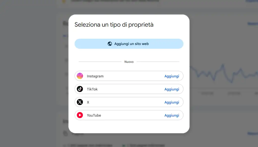 interfaccia di Google Search Console dove è possibile connettere Instagram, TikTok, X e YouTube