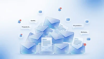 a pile of blue envelopes with a warning bell